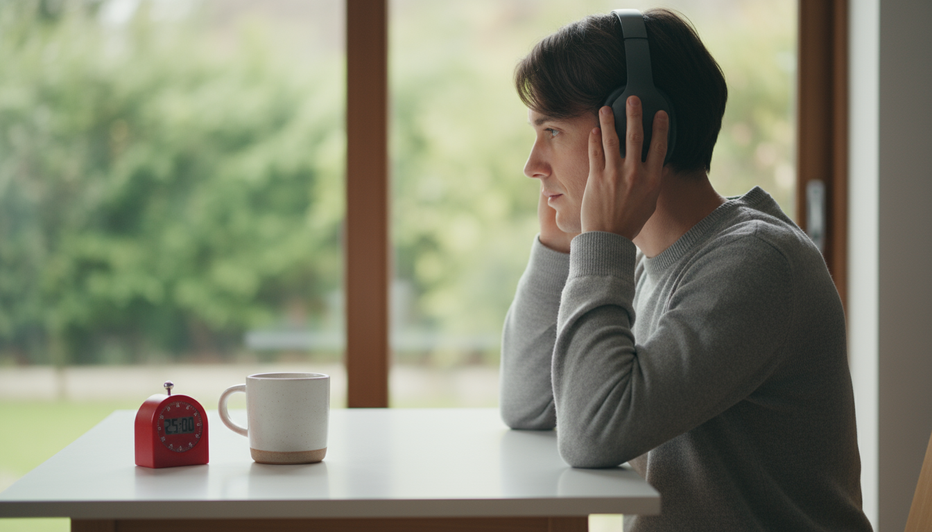 A knowledge worker's hand hovers tensely above a laptop keyboard displaying a blank document, illustrating the friction of perfectionism.