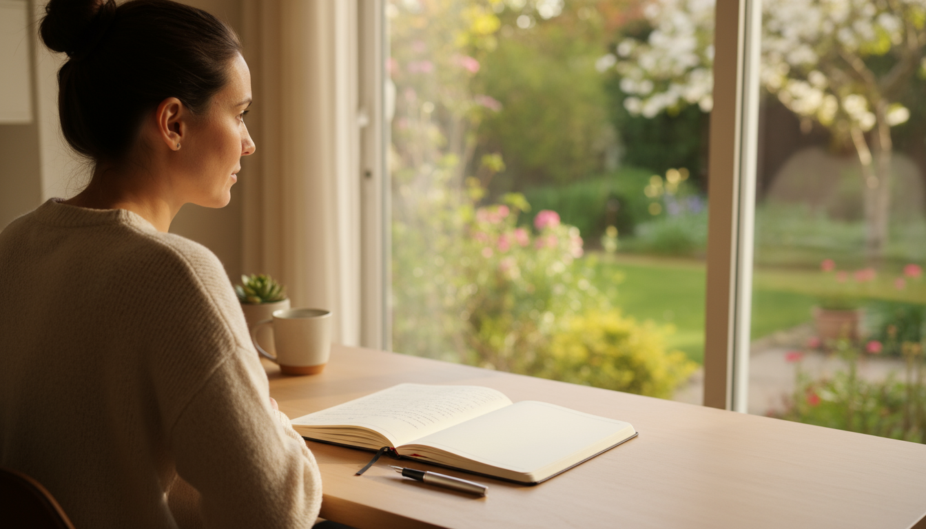 A minimalist undated journal lies open on a light wooden surface, with a sleek pen resting on its fresh pages, bathed in soft morning light. A blurred