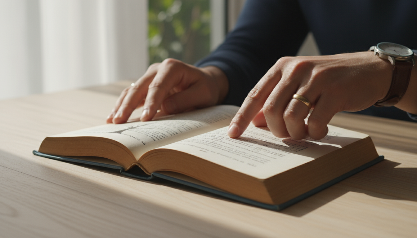 A close-up of a hand resting on a single open page of a book on a minimalist bedside table, bathed in soft natural light.