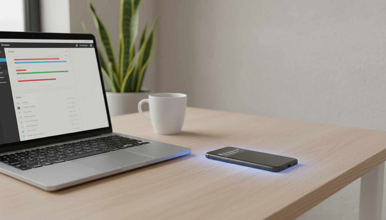 A smartphone screen briefly lights up with a notification on a minimalist light wood desk next to an open laptop, suggesting a subtle distraction.