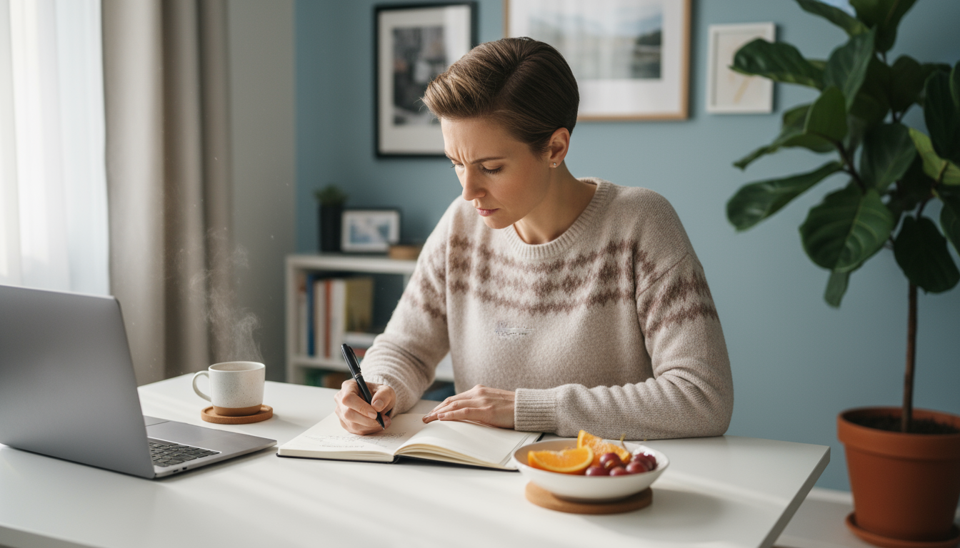 A hand poised over a laptop keyboard, with the screen displaying a text editor showing time audit entries like '10:00-10:15: Wrote. Checked email.'