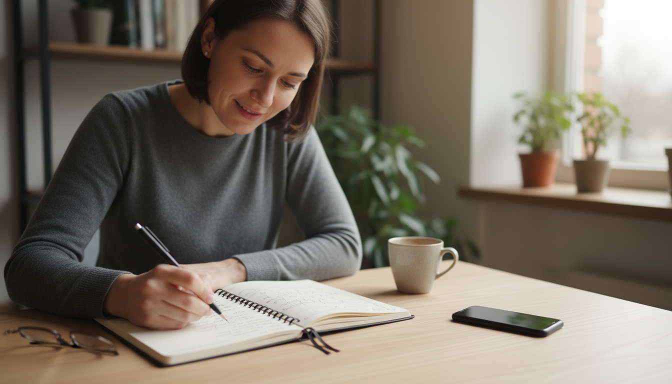 Hands placing a smartphone displaying 'Do Not Disturb' onto a wireless charger on a kitchen island in soft evening light.