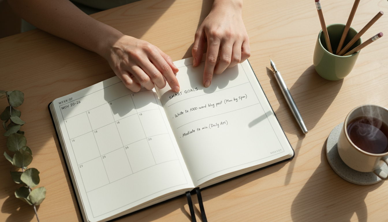 Close-up of hands with a pen, checking off handwritten daily tasks in a minimalist planner on a natural wood desk.