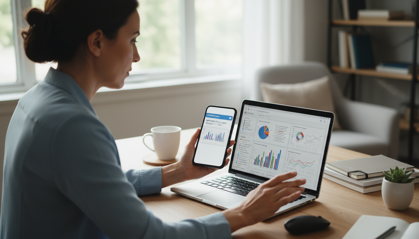 A professional woman's unfocused gaze darts between a laptop screen with data and a lit smartphone notification at her modern, well-organized desk, sh