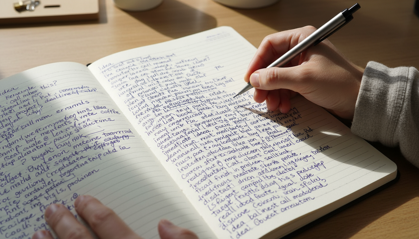 Gender-neutral hands poised over a dense handwritten 'brain dump' list, contemplating prioritization in soft natural light.