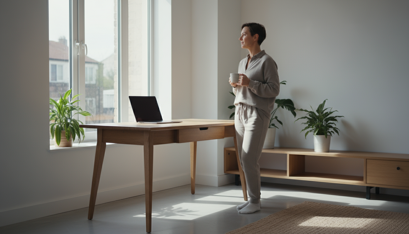 Close-up of hands at a minimalist desk: one gently pushes a phone away, the other reaches for a notebook, as a person softly recalibrates focus with a