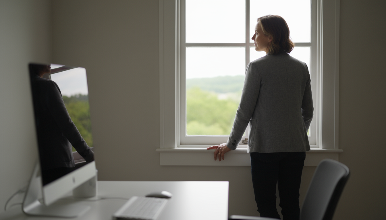 A hand places a smartphone face down into a wooden tray on a minimalist desk with a glass of water, symbolizing the start of focused work.