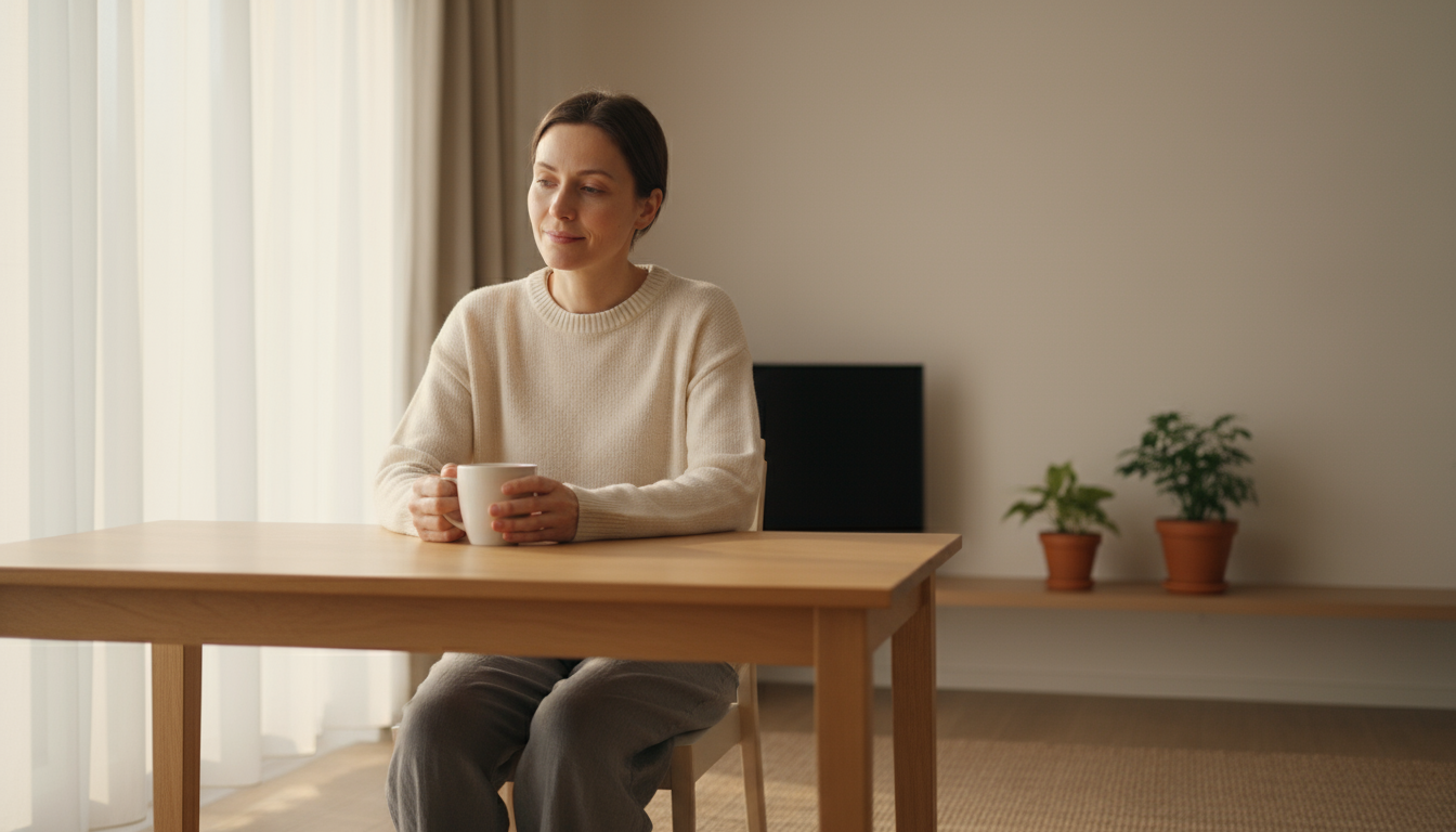 Close-up of a hand pressing a coffee machine button, digital display shows '7:00 AM'. Organized kitchen counter with planner and task cards in soft mo