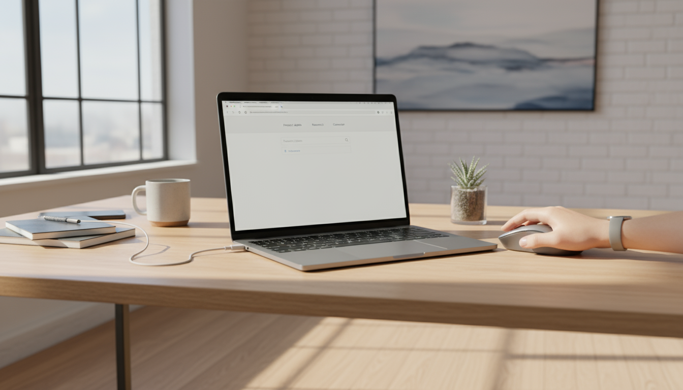 Hands calmly wiping a clean, well-organized desk surface at the end of the workday, with a dark monitor screen and soft window light.