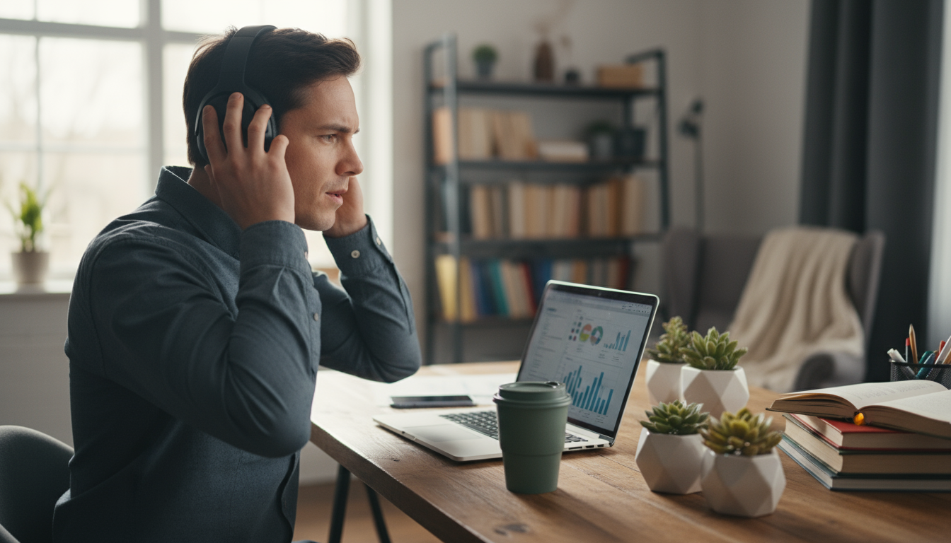 Hands placing noise-canceling headphones on ears at a minimalist desk, bathed in soft morning light, signaling the start of deep work.