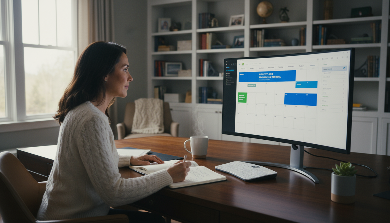 Focused person rapidly writing an unorganized list of tasks and worries into a notebook on a clean desk, performing a 'mind dump'.