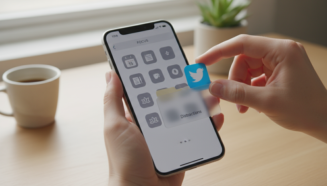 Close-up of a hand holding a smartphone, a 'Time's Up' notification dims a social media app icon, capturing a moment of reflection at a minimalist des