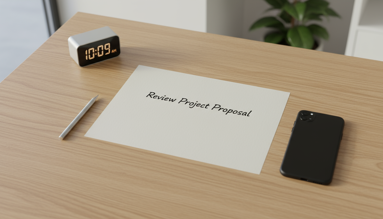 Hands, illuminated by soft morning light, placing a phone face down next to a tea mug and a sticky note with a single task written on it, on a tidy wo