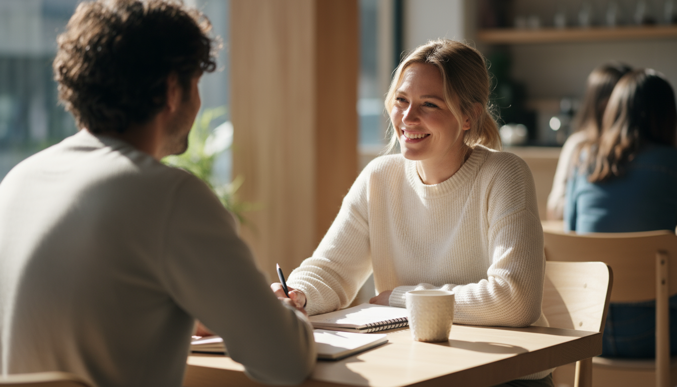 A hand deliberately places a modern smartphone onto a minimalist charging dock on a clean, light wood kitchen counter in soft evening light.
