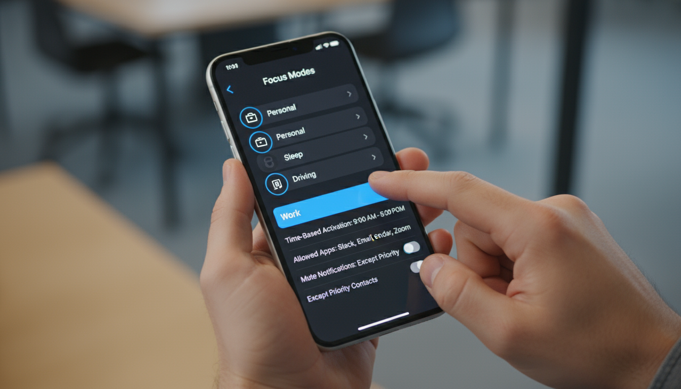 A hand reaching for a brightly lit smartphone screen showing app notifications on a modern wooden desk.