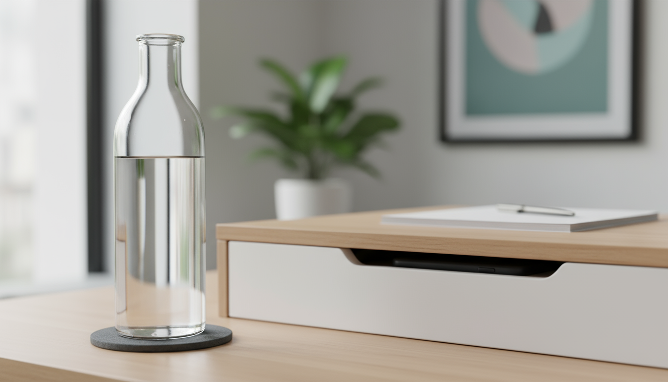 Close-up of a man's hands holding a pen over an open journal on a desk, with soft morning light and a blurred smartphone in the background.