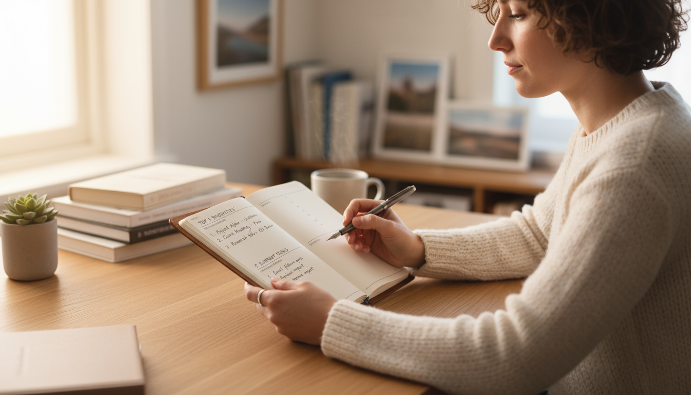 A hand drags a social media app icon off a smartphone's minimalist home screen towards a 'Distractions' folder. Only essential apps remain.