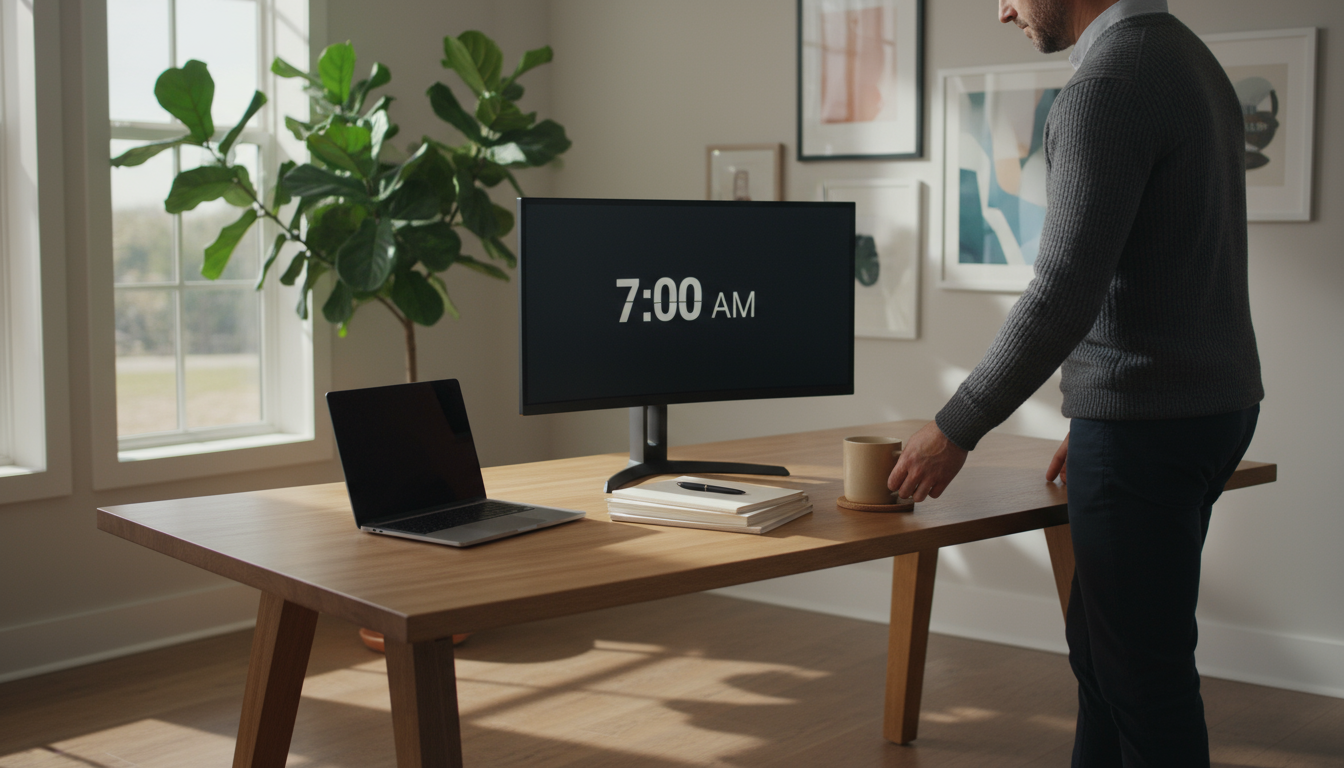 A person brushing their teeth in a clean, minimalist bathroom, their gaze distant, illuminated by soft morning light.