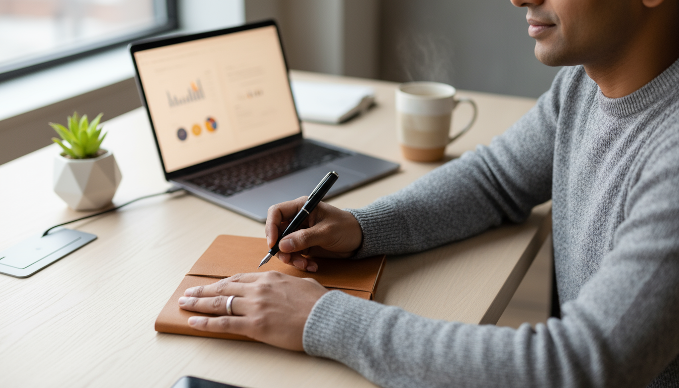 A focused professional reviewing a project outline in a sunlit, minimalist office, pen poised over key sections, digital distractions set aside.