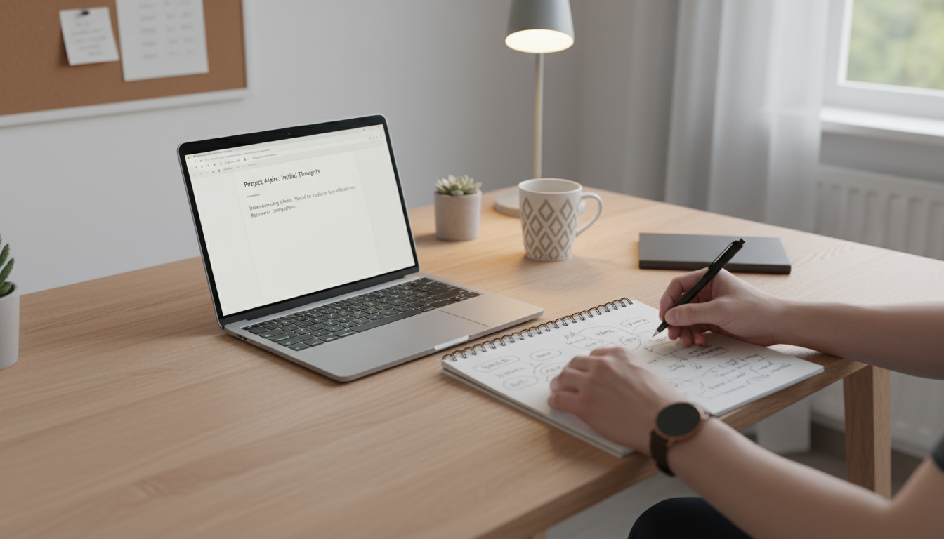 Hands over a laptop and a notebook filled with messy brainstorm notes on a minimalist desk, symbolizing the start of imperfect work.