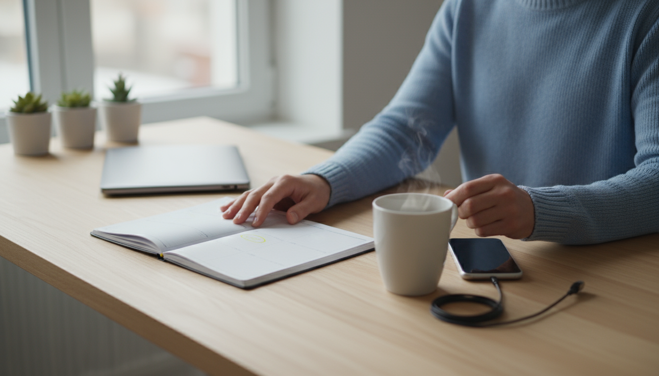 Close-up of noise-canceling headphones on a desk mat, with a laptop screen showing a deep work intention sentence and digital timer in the blurred bac