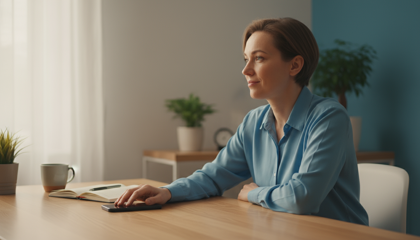 Close-up of a hand turning off app notifications on a smartphone's settings screen, demonstrating digital control on a clean desk.