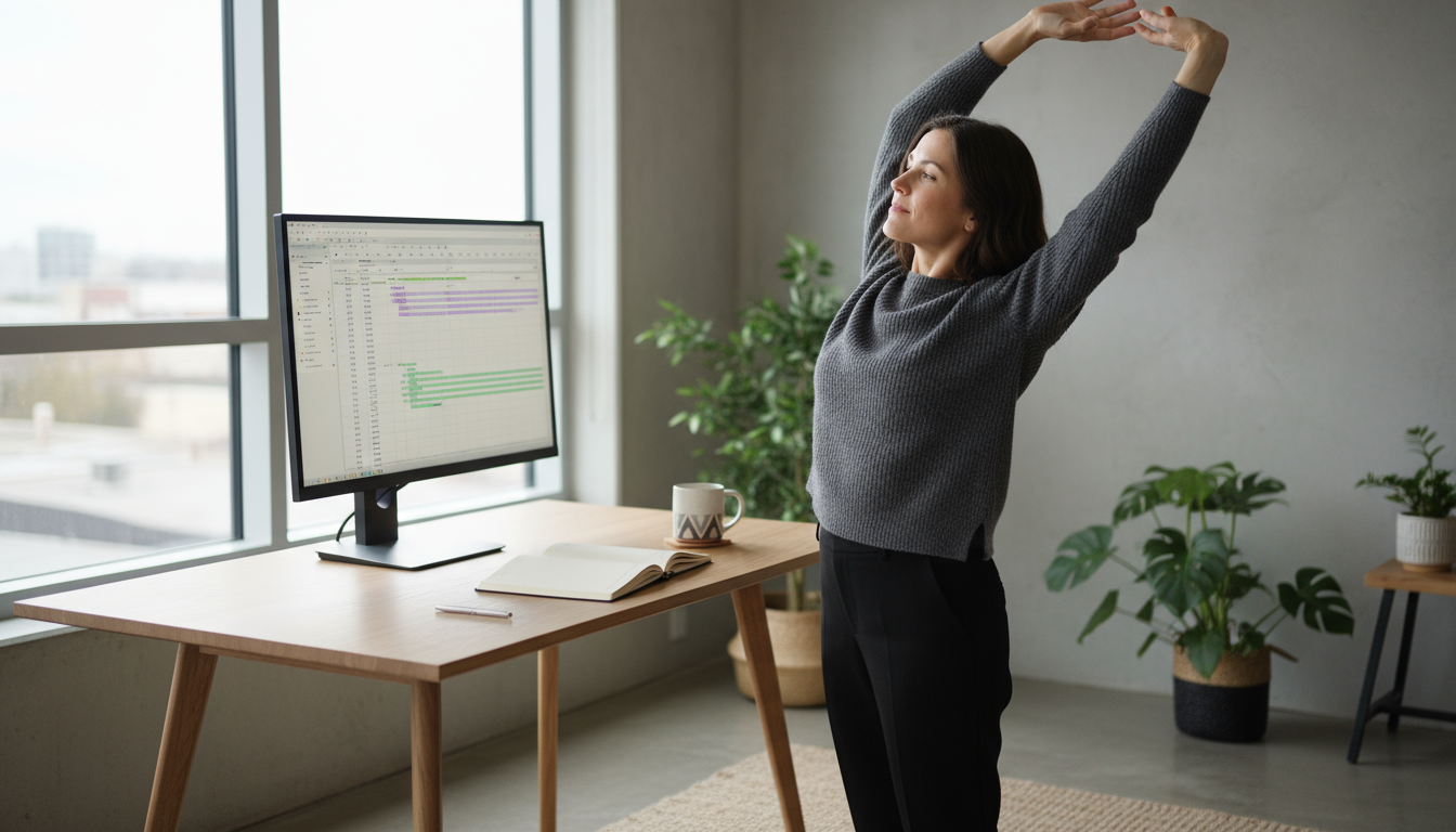 Close-up of hands holding a pen over an open notebook filled with rough, handwritten notes and cross-outs on a minimalist desk.