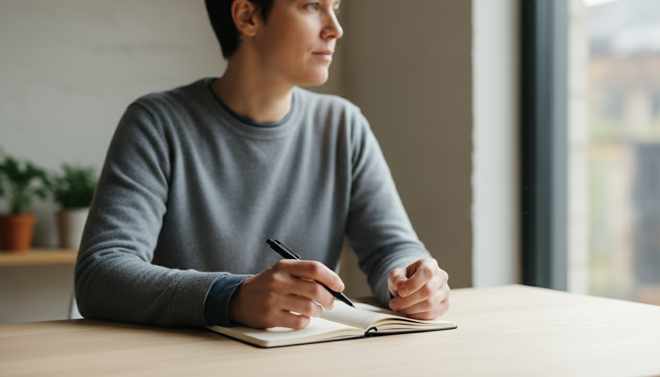Close-up of hands writing a raw, unfiltered brain dump onto notebook pages on a minimalist desk, illuminated by soft morning light.