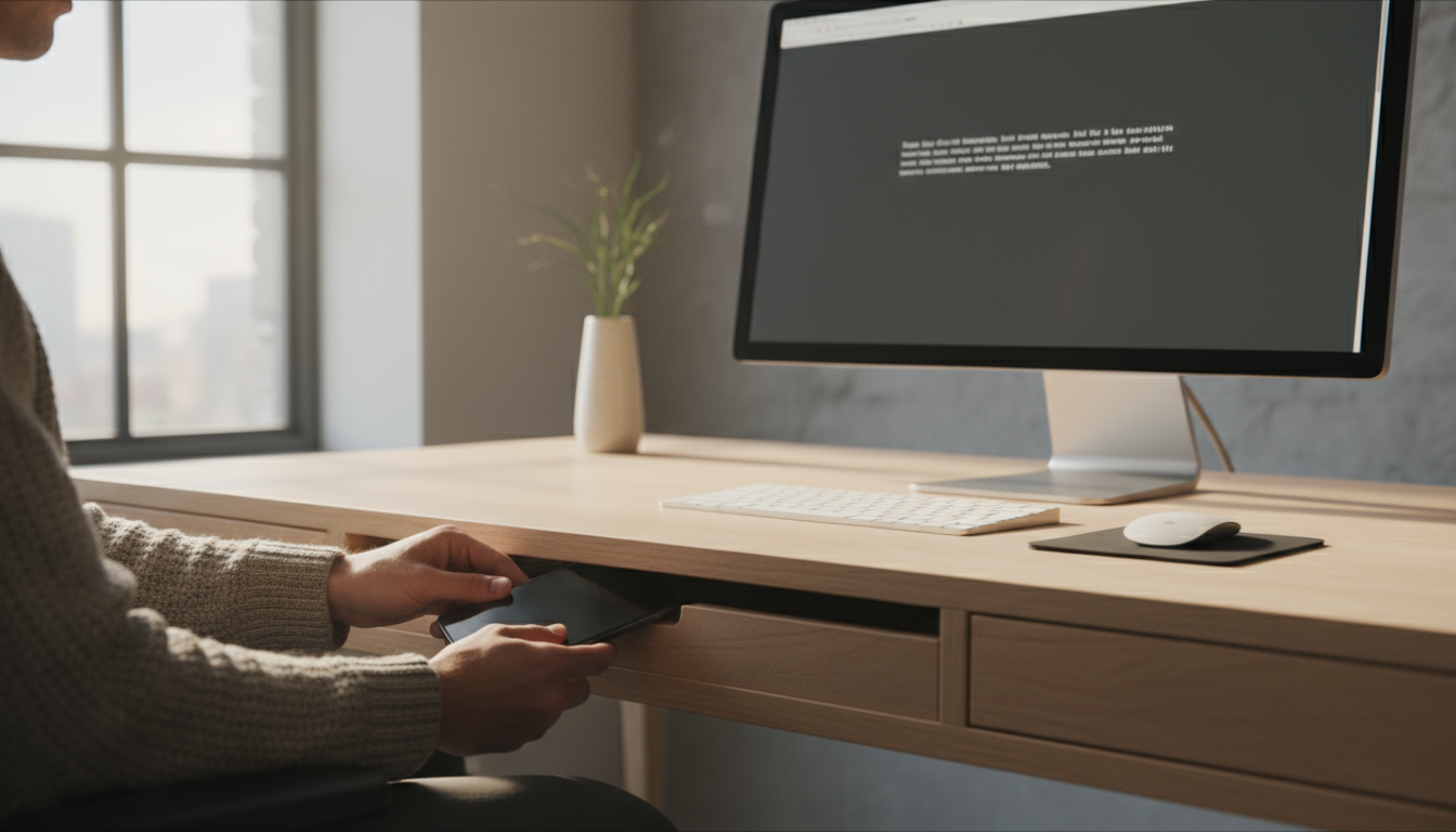 A close-up shows hands moving a colorful app icon off a smartphone's home screen, which primarily displays essential, minimalist apps.