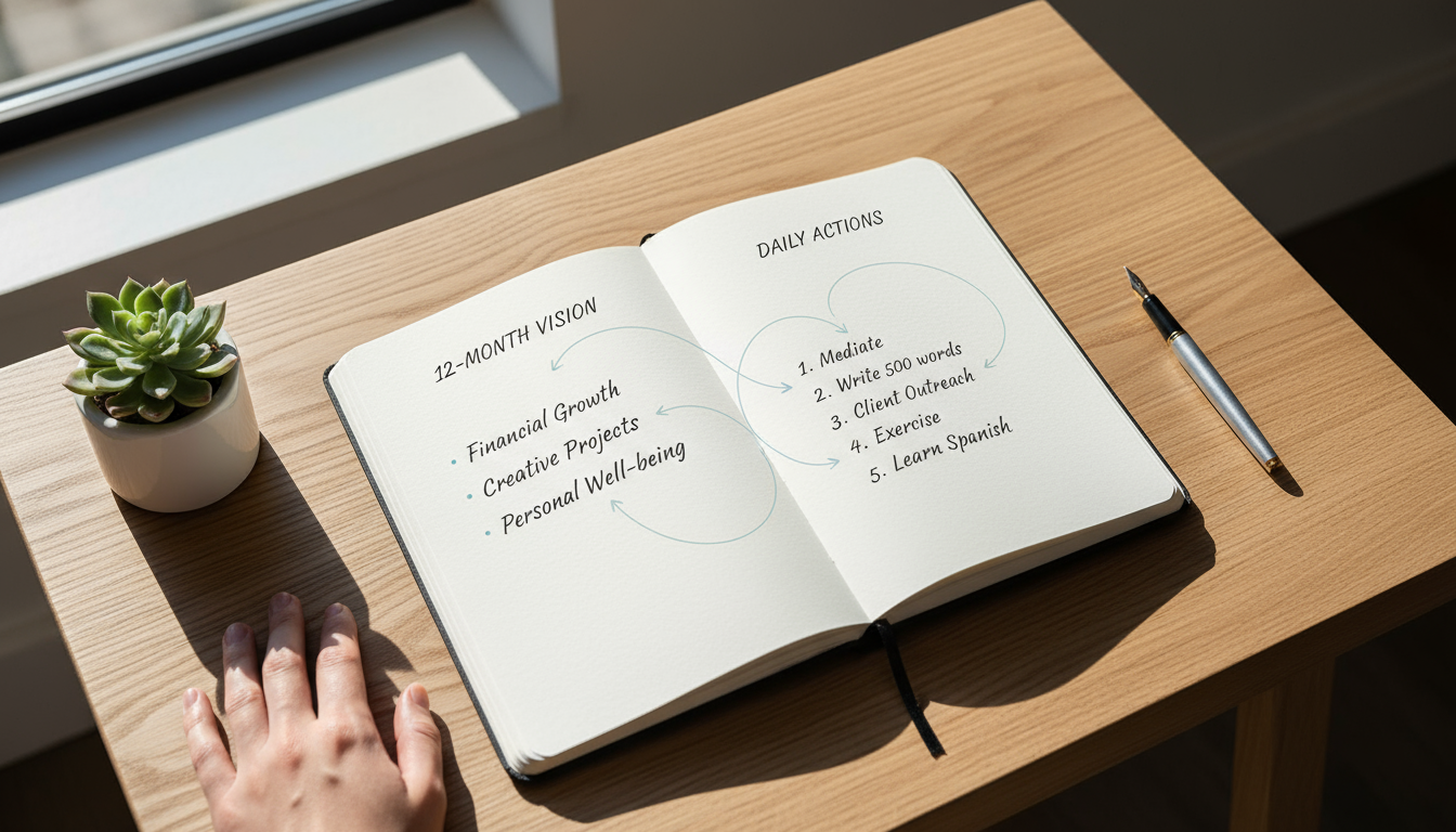 Close-up of a hand holding a pen, making a subtle adjustment to a handwritten daily plan in a minimalist paper planner on a light desk.