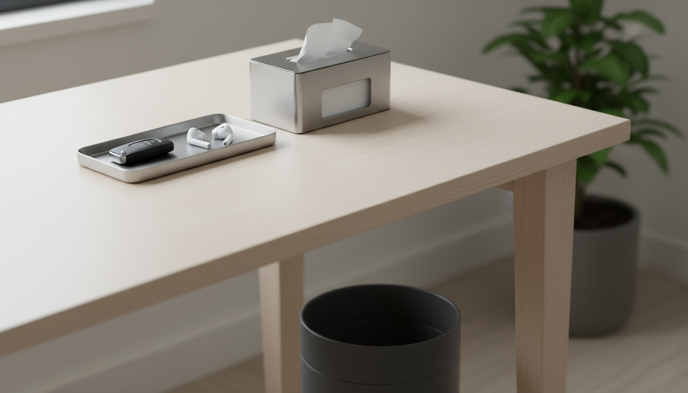 Hands swiftly placing a small document into an inbox tray on a clean, sunlit, organized home office desk, demonstrating quick task processing.