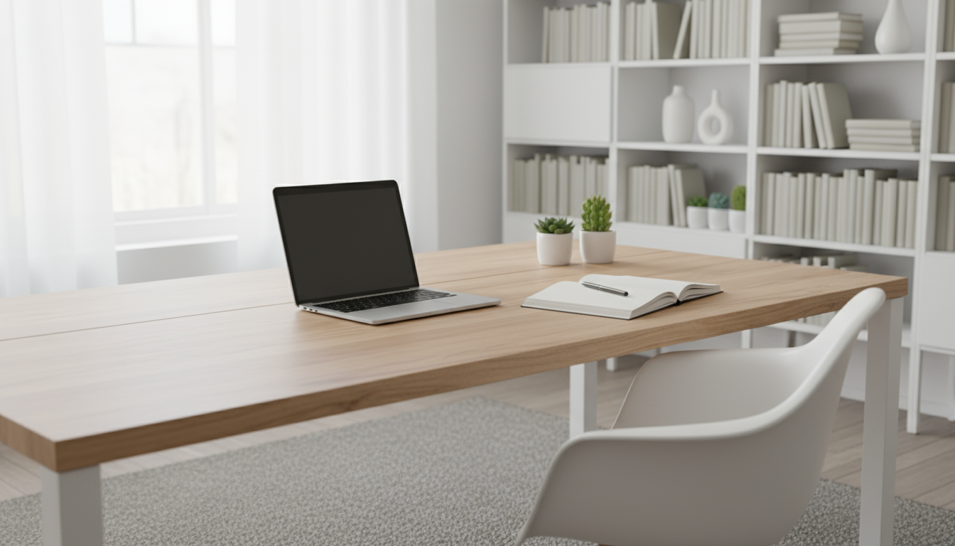 Close-up of hands placing a document into an 'Action' tray within a three-tiered inbox on a side table, a messy desk blurred behind.