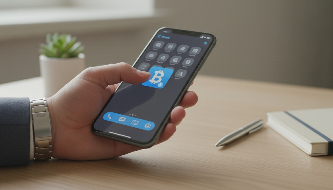 A woman's hands holding a smartphone displaying a banking app's balance screen, illuminated by soft lamplight in an organized bedroom.