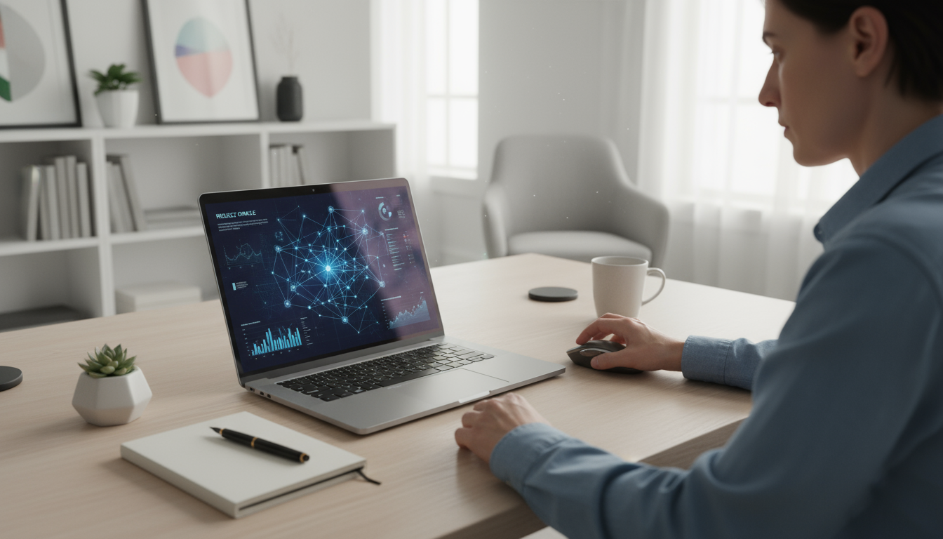 A professional with a pensive expression reviews an open planner at a minimalist desk, reflecting on the week in soft afternoon light.