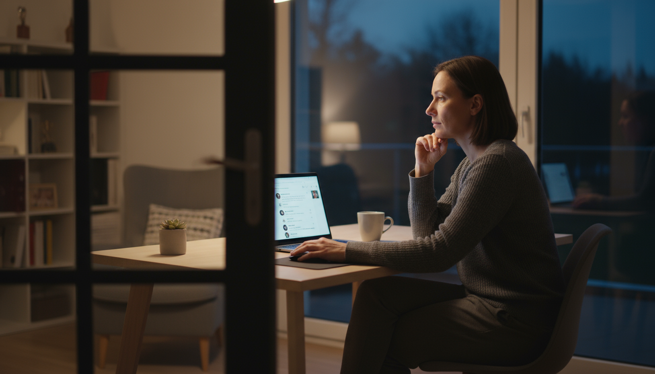 A minimalist light wooden desk in a sunlit corner, featuring an illuminated desk lamp, headphones, a notebook, and a closed laptop.
