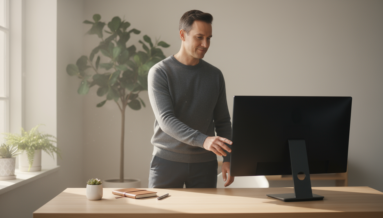 Close-up of a daily planner or sticky notes on a minimalist desk, showing 2-3 written priorities for tomorrow, with a pen and warm lamp light.