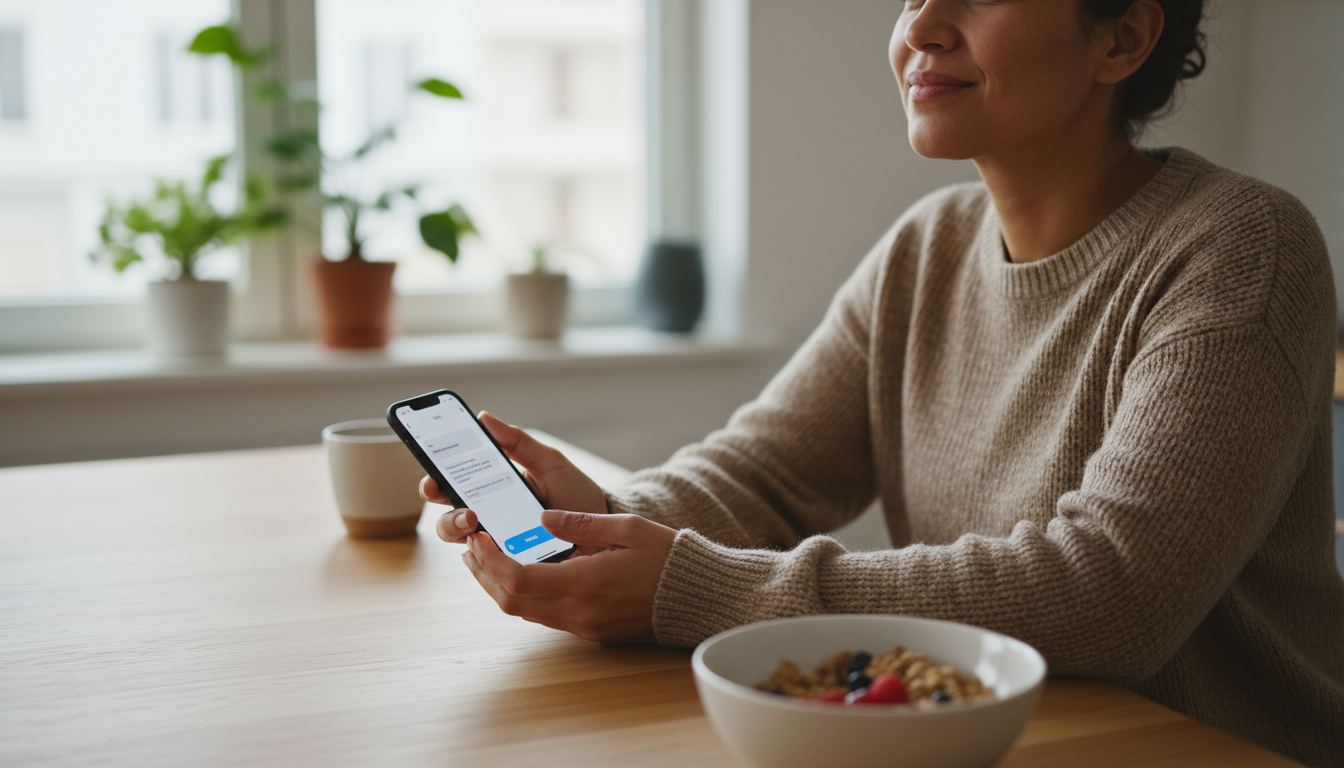 A gender-neutral hand gently closes a light wooden desk drawer containing a smartphone, on a clean, minimalist workspace.