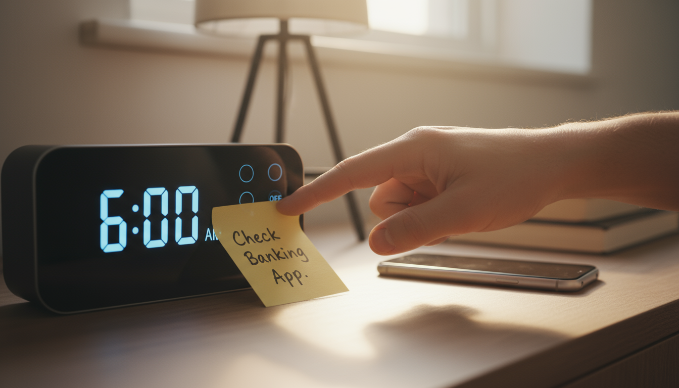 A professional's hand resting on an open notebook displaying handwritten self-compassionate questions and observations on an organized, minimalist des