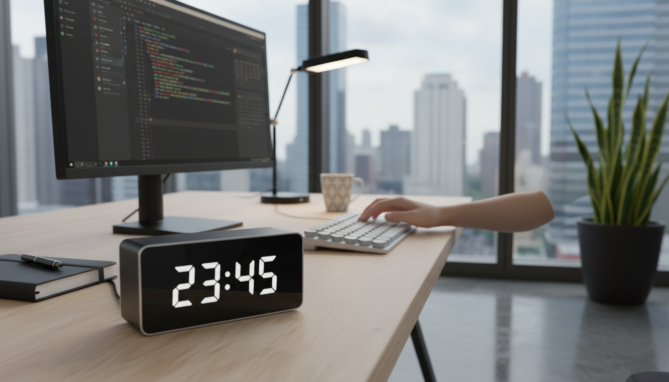 A digital Pomodoro timer shows 23:45 on a clean, modern desk. In the background, hands type on a laptop, focused on work.