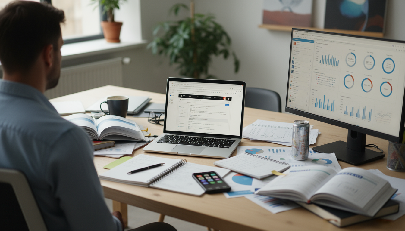 Close-up of hands on a minimalist desk, one touching a 'Reset' note next to a laptop, symbolizing a calm refocus.