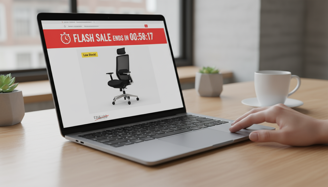 Diverse person at a laptop surrounded by ghostly, semi-transparent images of tech products, representing online personalization.