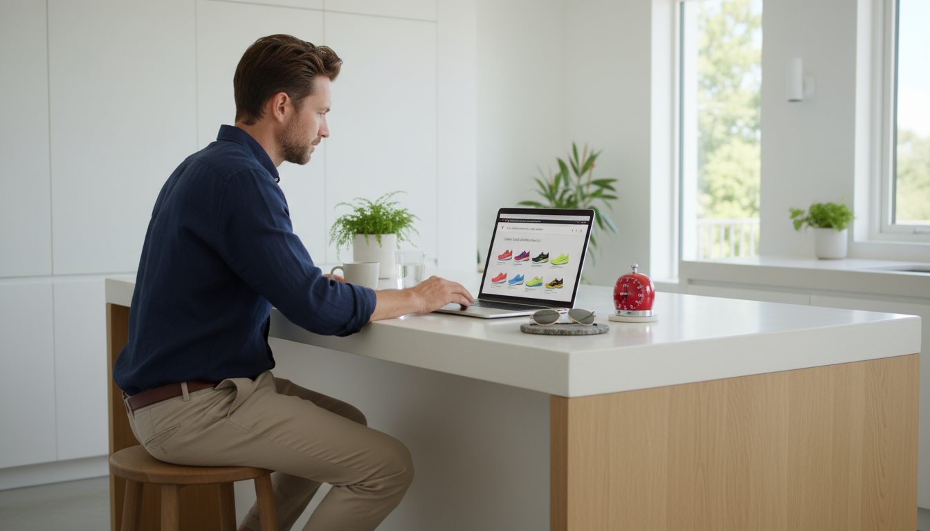 Woman at organized desk, absorbed by laptop showing busy e-commerce site with sales and recommendations, screen light on face.