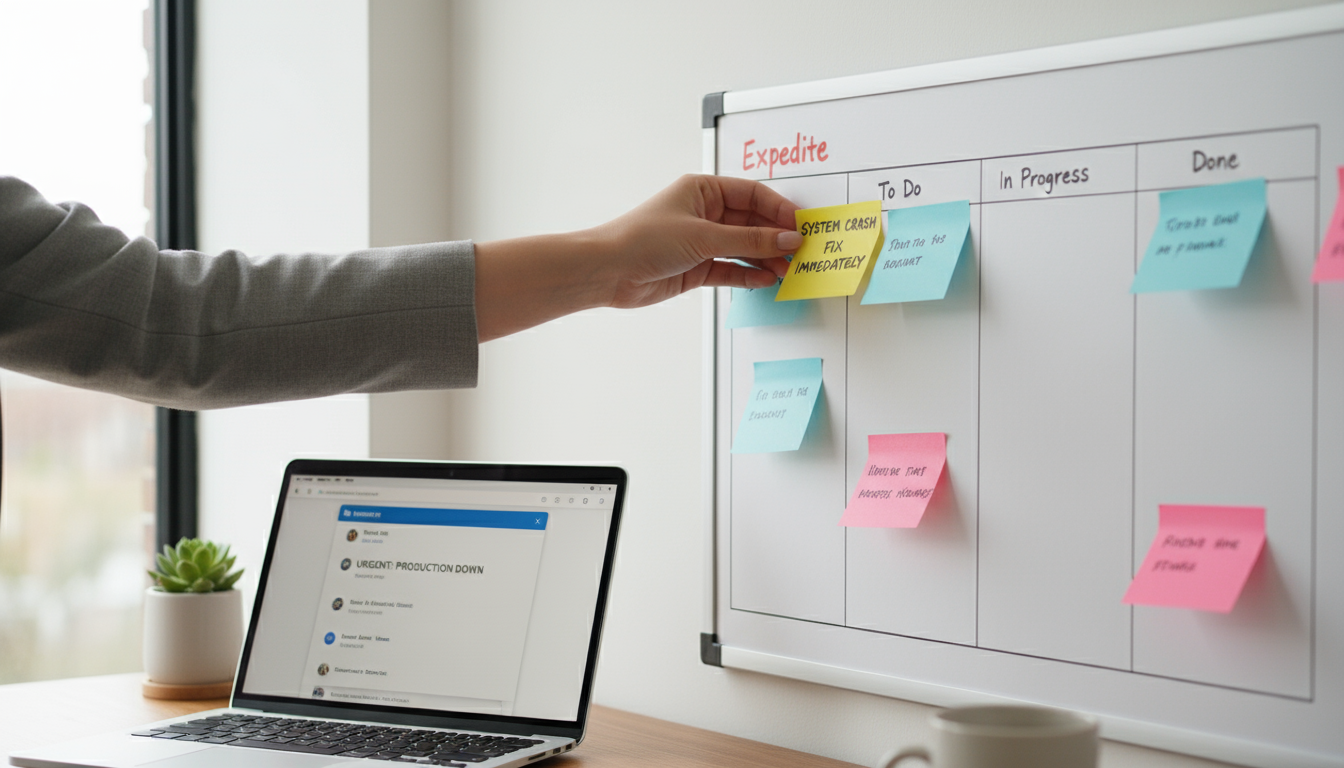 A woman at her modern home office desk, intensely focused on a large monitor displaying a color-coded digital Kanban board.