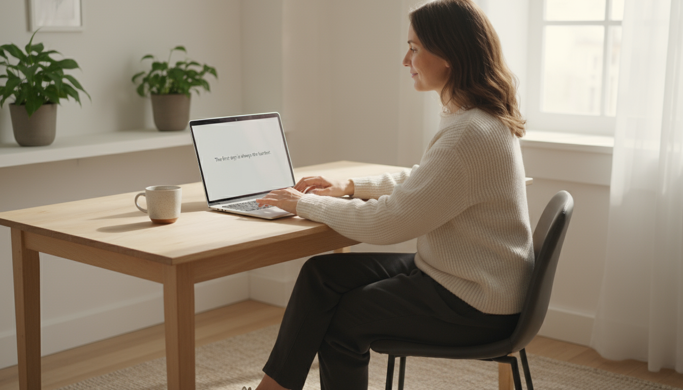 A knowledge worker at an organized desk, mid-switch between laptop and bright smartphone. A second monitor shows another task.