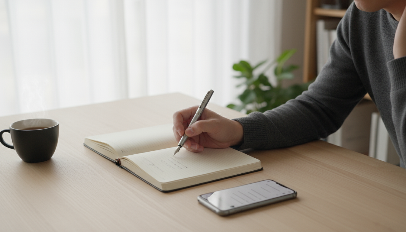 Manager Maria, a professional woman, actively consolidates tasks from a handwritten notepad and a digital notes app on her smartphone, with a laptop s