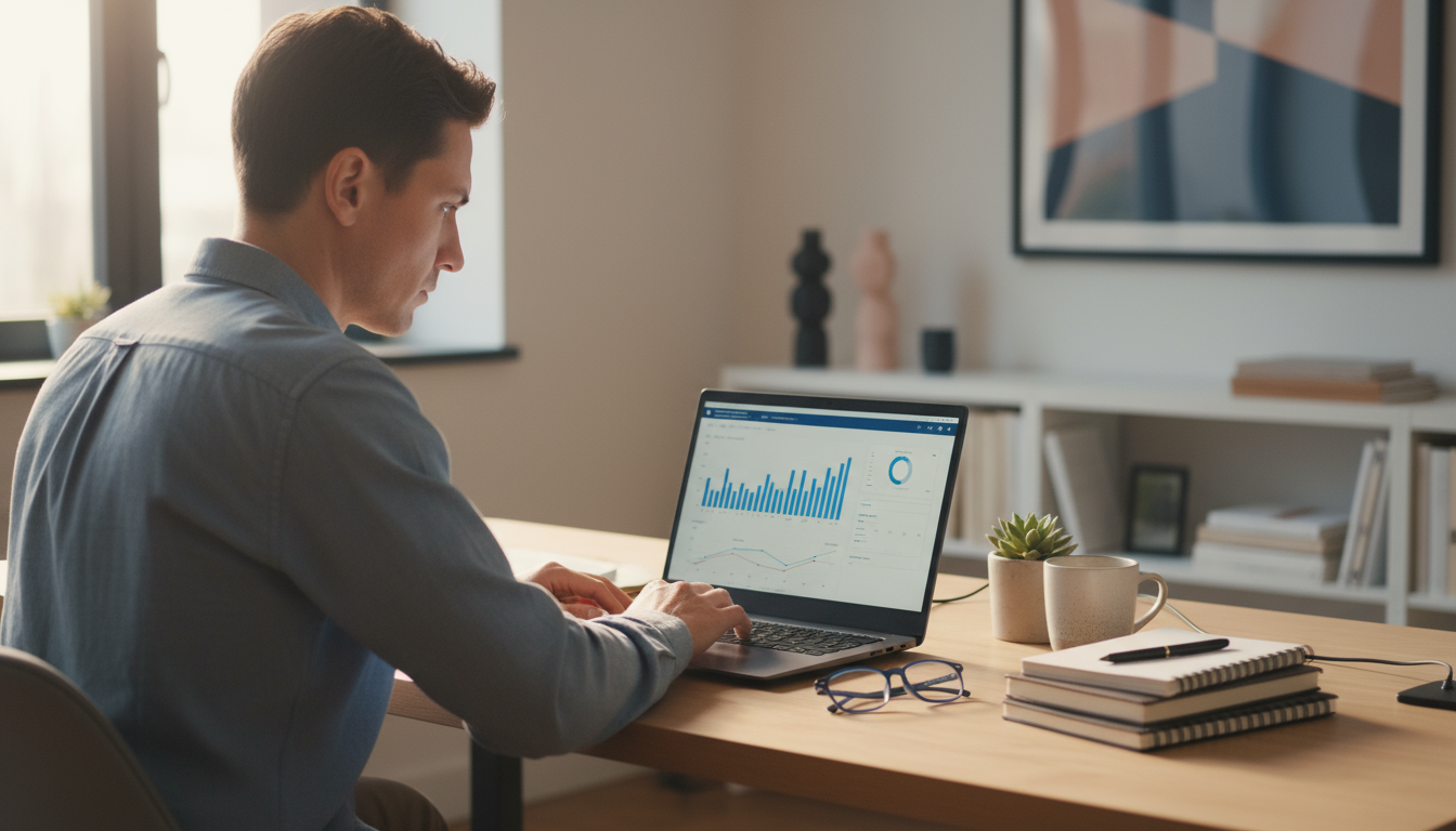 A focused department manager, Sarah, efficiently triages emails at her organized desk, with a digital calendar showing a 15-minute email block.