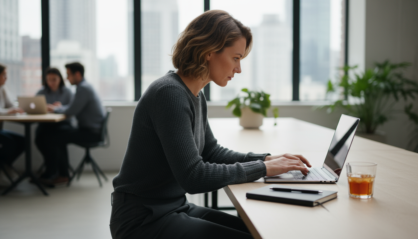 A focused professional (mid-30s, gender-neutral) quickly types on a laptop in an office nook, intensely using a brief gap between meetings.