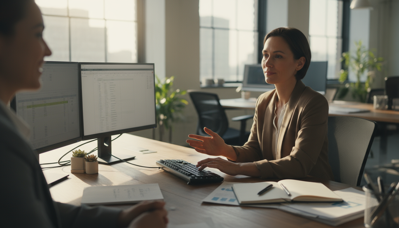 A woman in a modern, sunlit office walks purposefully, holding a tablet showing a digital calendar dominated by blue meeting blocks and yellow shallow