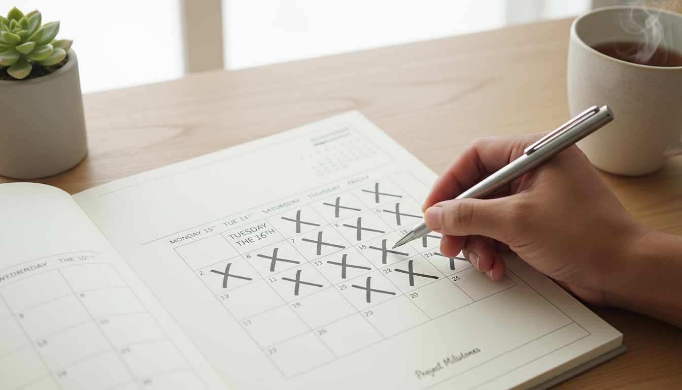 A person places a coffee cup next to a meditation cushion and cube timer, immediately transitioning to a new habit.