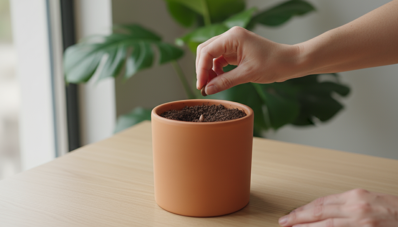 Professional standing by a minimalist desk, hand on an open planner showing a 'Deep Work' time block. Steaming tea, pen, notebook. Early morning light
